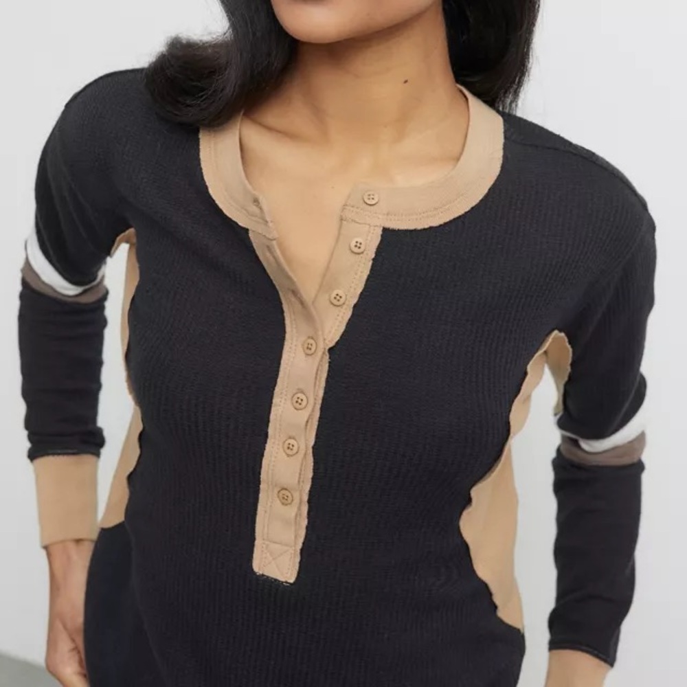 Urban Outfitters BDG Henley Basil Tee Black Tan Brown Patchwork Top Shirt XS